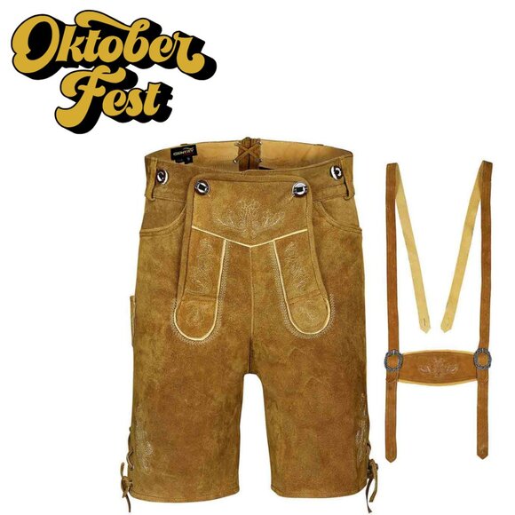 Tillich Brown Suede Lederhosen Traditional German Leather Shorts for Oktoberfest - Picture 1 of 8